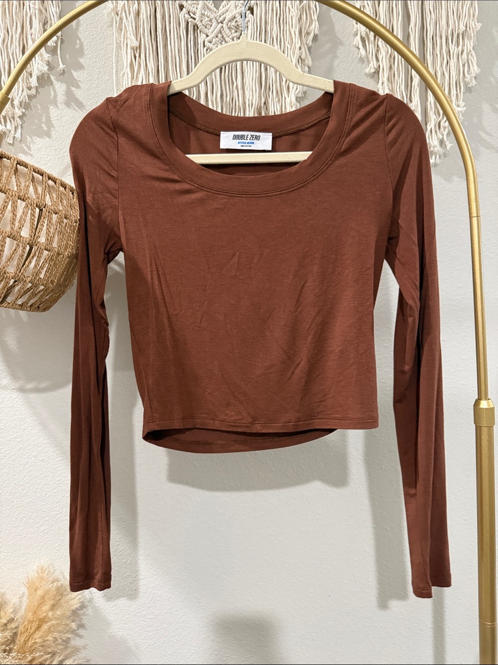 Double Zero Brown Long Sleeve Scoop Neck Crop Top